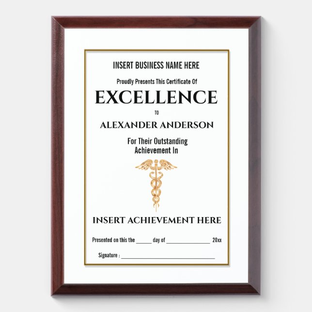 Healthcare faux gold caduceus golden frame award plaque (Vertical)