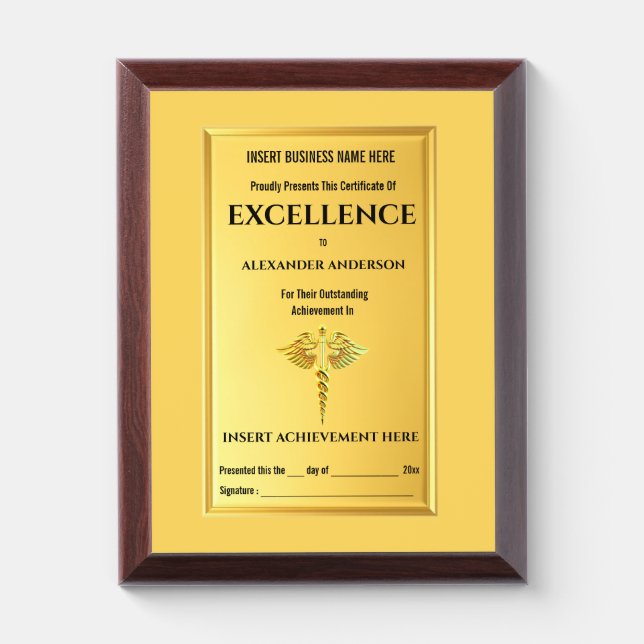 Healthcare faux gold caduceus golden medical award plaque (Vertical)