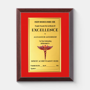 Healthcare faux gold caduceus red medical award plaque