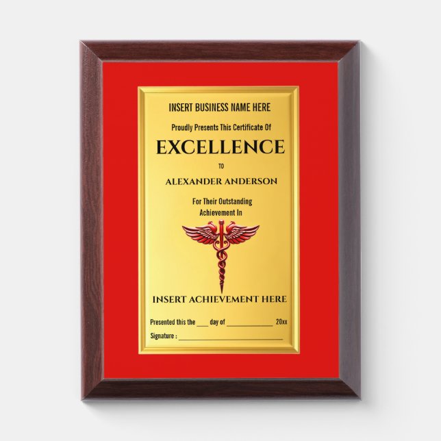 Healthcare faux gold caduceus red medical award plaque (Vertical)