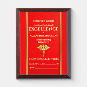Healthcare faux gold red caduceus foil shimmer award plaque
