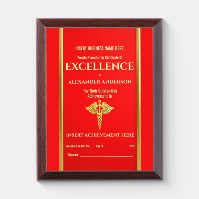 Healthcare faux gold red caduceus foil shimmer award plaque (Vertical)
