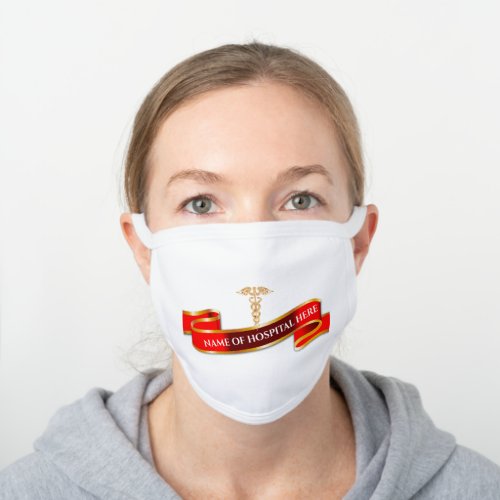 Healthcare gold caduceus red banner medical staff white cotton face mask