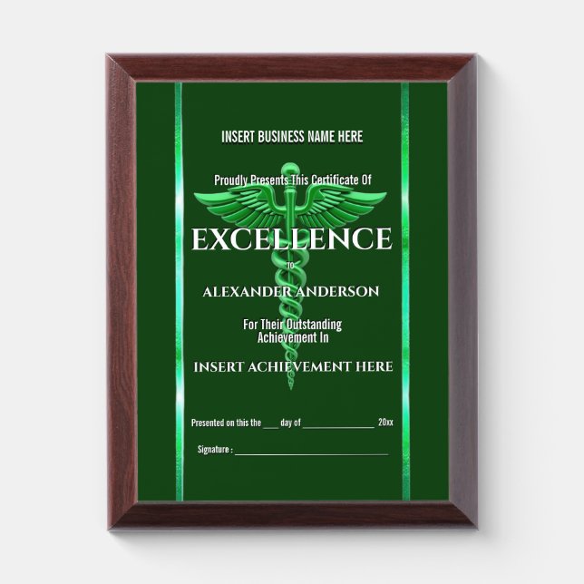 Healthcare green caduceus medical employee        award plaque (Vertical)