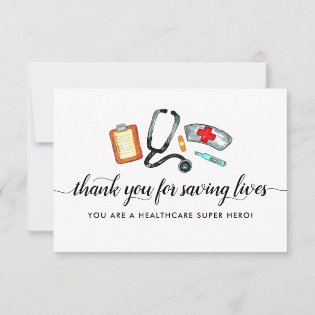 Healthcare Hero Saving Lives Stethoscope Nurse Thank You Card (Front)