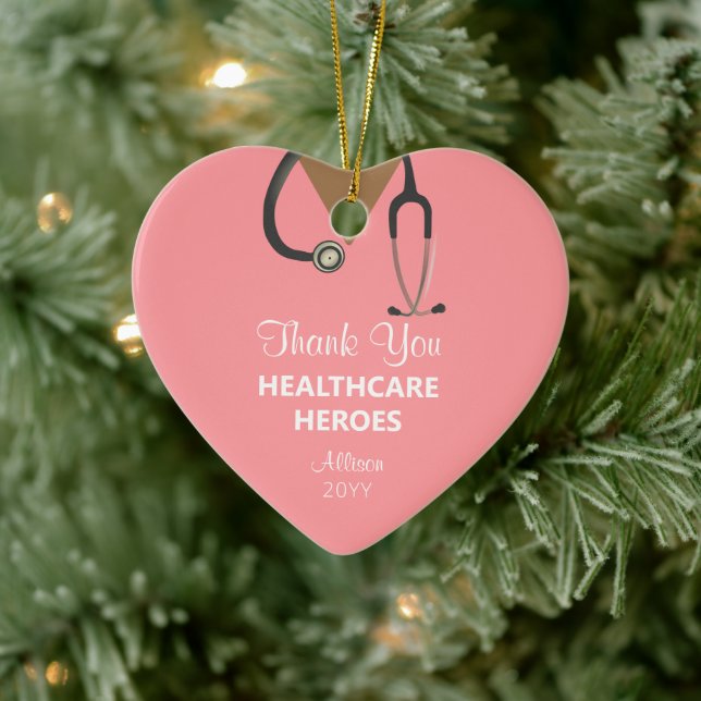 Healthcare Heroes Thank You Pink Personalized Ceramic Ornament (Tree)