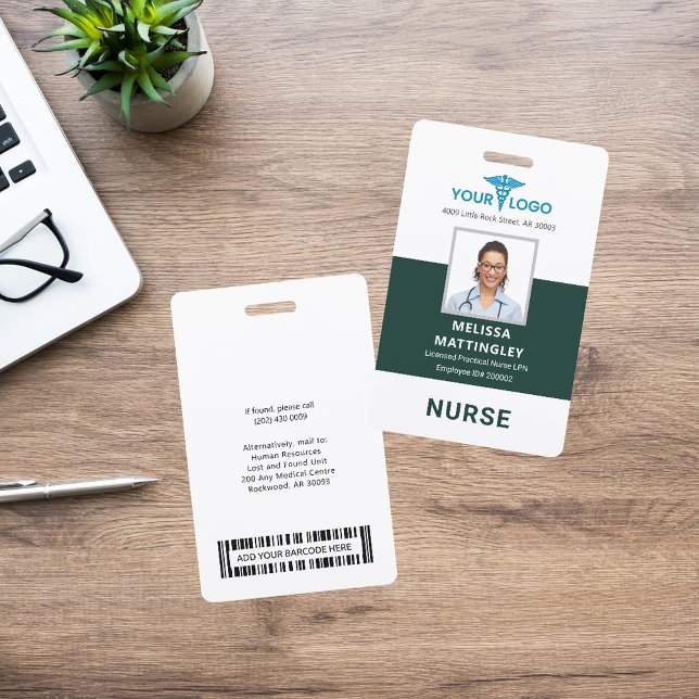 Healthcare Hospital Employee Logo and Photo ID Badge (Medical Professional Nurse Blue Green Photo ID Badge)