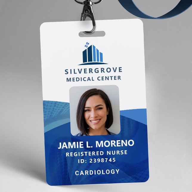 Healthcare Medical Logo Blue DNA Photo Nurse ID Badge (nurse id badge custom hospital clinic medical office clinic center wellbeing blue logo dna photo qr)