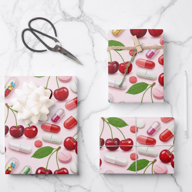 Healthcare & Pharmacy Cherry Pink Capsule  Wrapping Paper Sheets (Front)