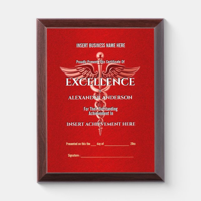 Healthcare red caduceus medical achievement       award plaque (Vertical)