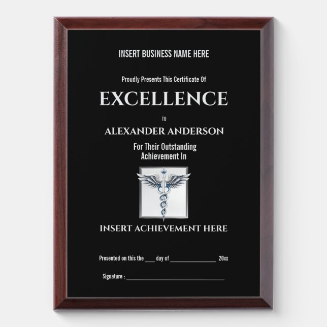 Healthcare silver black caduceus medical           award plaque (Vertical)