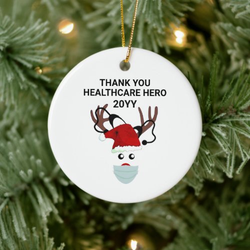 Healthcare Worker Christmas Face Mask Reindeer Ceramic Ornament