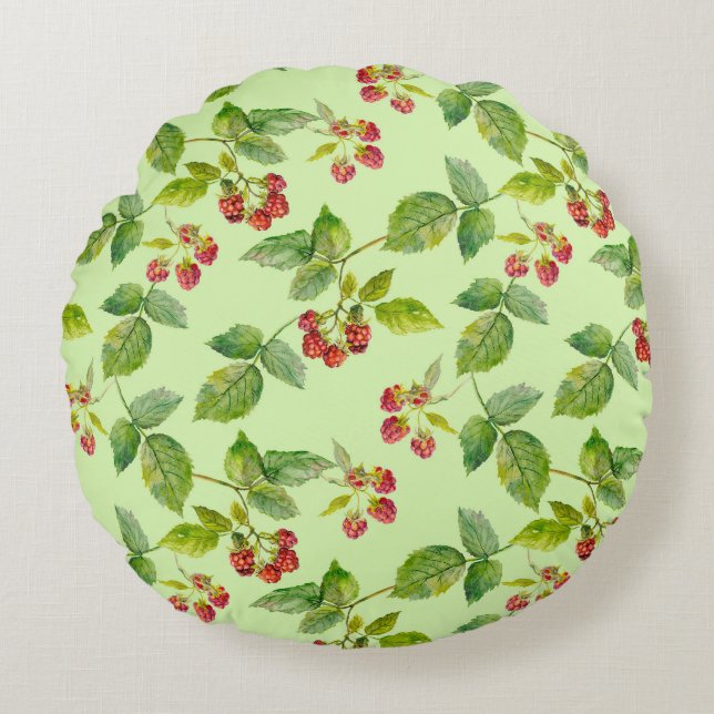 Healthy Berry: Raspberry Seamless Background. Round Pillow (Front)