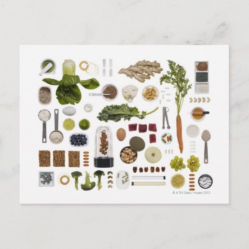 Healthy food grid on a white background postcard