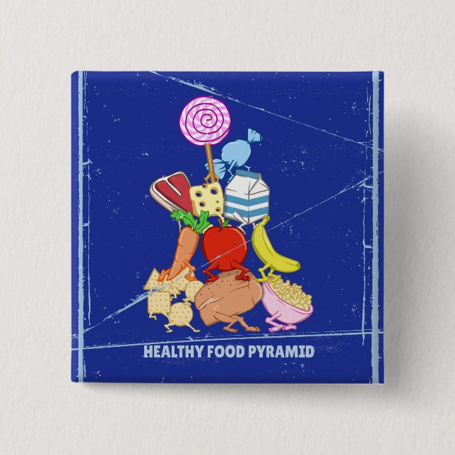 Healthy food pyramid funny cartoon illustration button (Front)