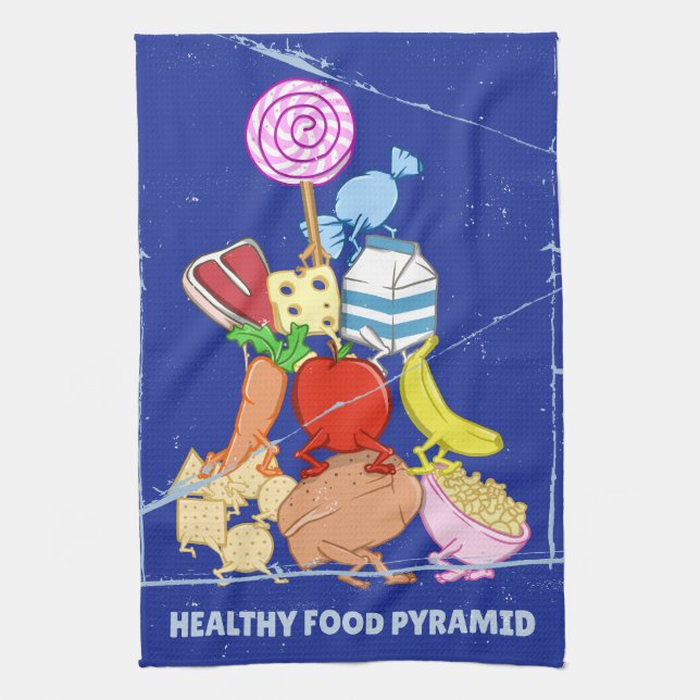 Healthy food pyramid funny cartoon illustration kitchen towel (Vertical)