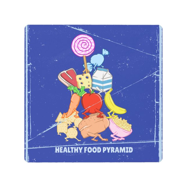 Healthy food pyramid funny cartoon illustration metal print (Front)