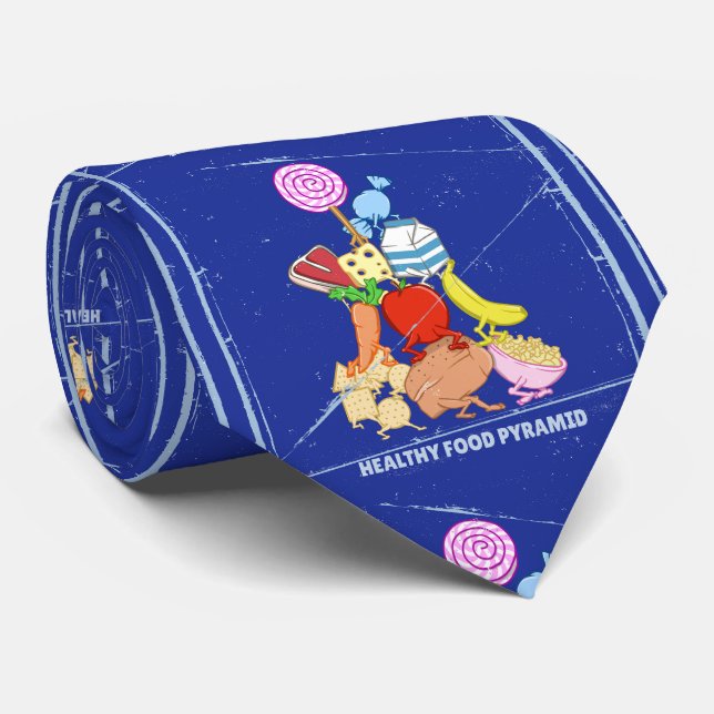 Healthy food pyramid funny cartoon illustration neck tie (Rolled)