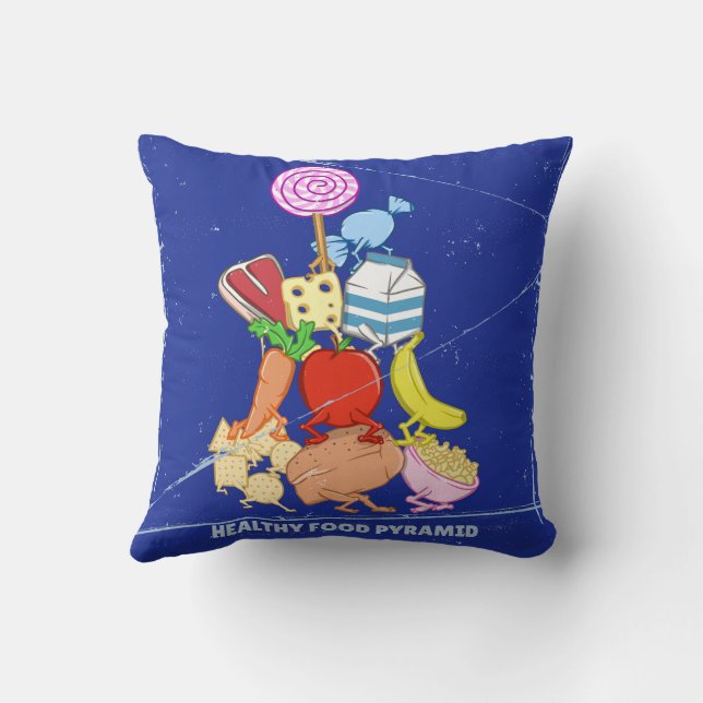 Healthy food pyramid funny cartoon illustration throw pillow (Back)