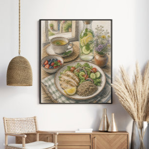 Healthy Mediterranean Lunch by Window Colored Penc Poster