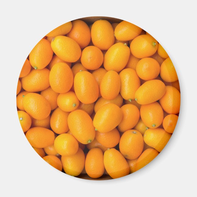 Heap of orange kumquats in cardboard box magnet (Front)