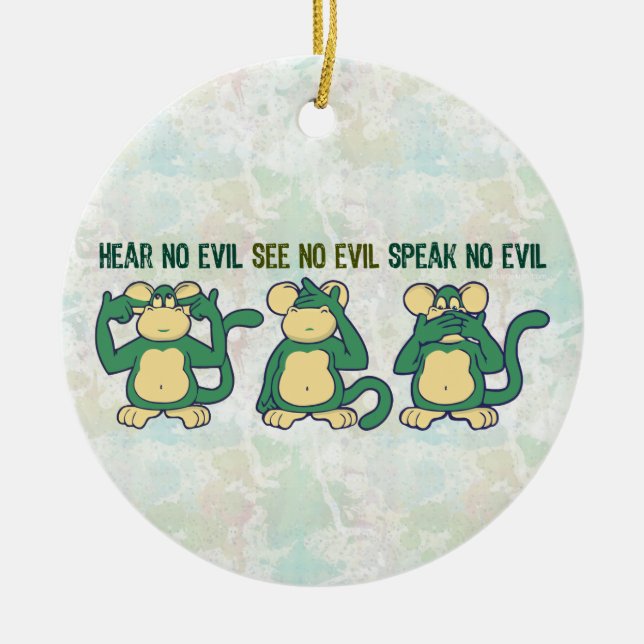 Hear No Evil Monkeys Greens Ceramic Ornament (Front)