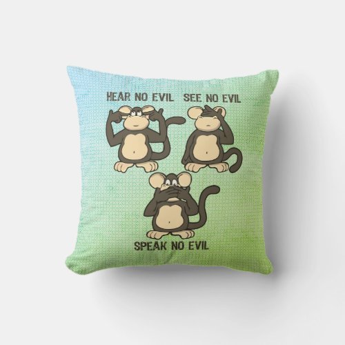 Hear No Evil Monkeys Humorous Blue Green Throw Pillow