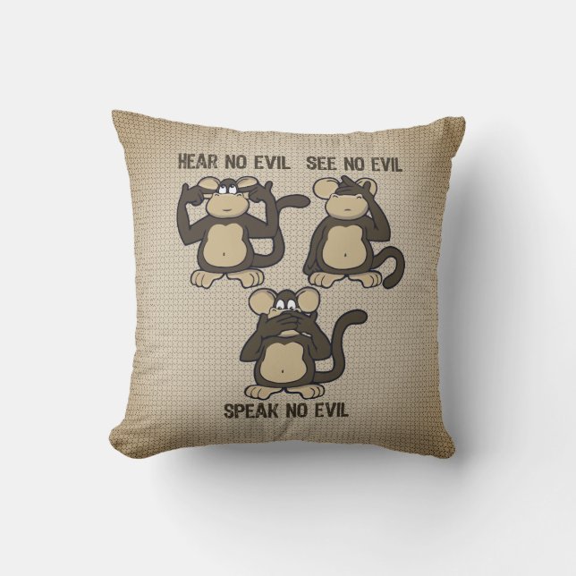 Hear No Evil Monkeys Humorous Rustic Brown Throw Pillow (Front)