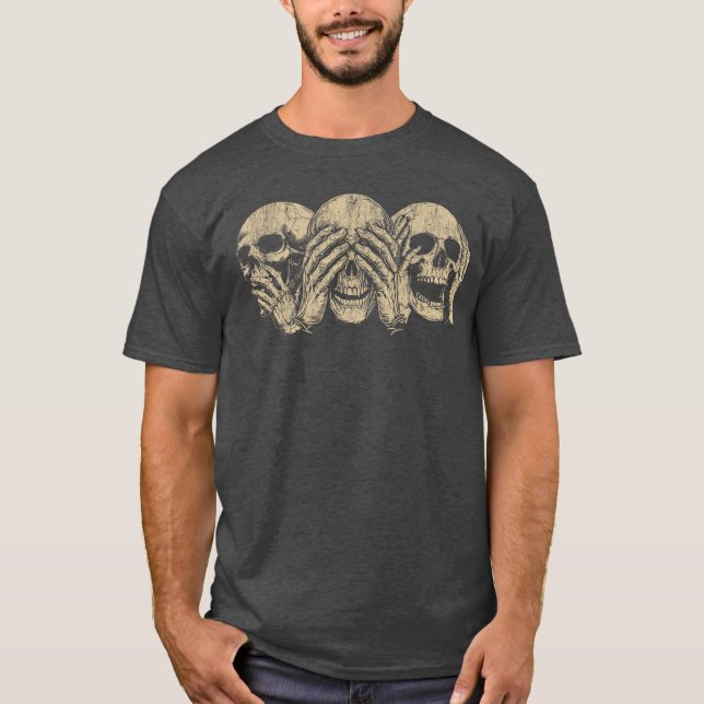 Hear No Evil Skulls Dark Gothic Macabre Horror Hal T-Shirt (Front)