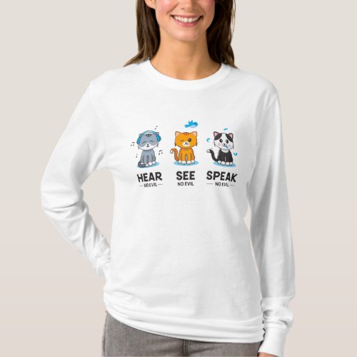Hear See Speak No Evil Cats Long_Sleeve Light Blue T_Shirt