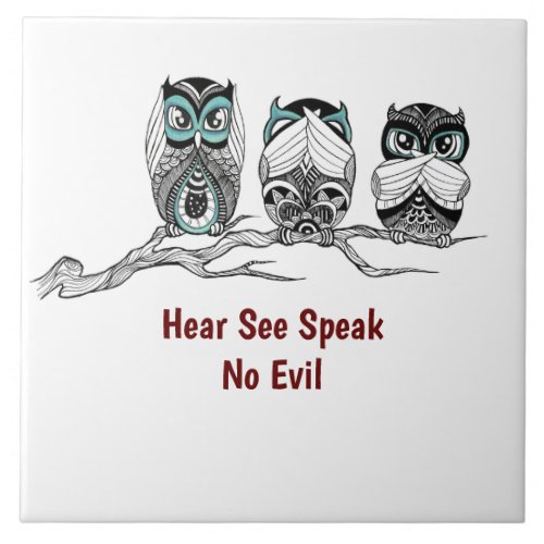 Hear See Speak No Evil Owls Ceramic Tile