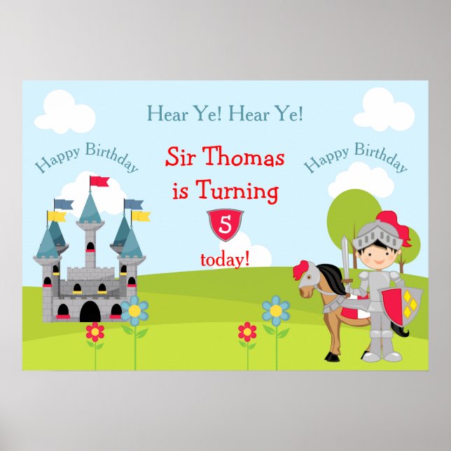 Hear Ye Black Hair Knight Horse & Castle Birthday Poster (Front)