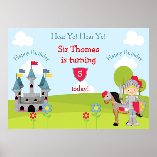 Hear Ye Blonde Cute Knight Horse  Castle Birthday Poster