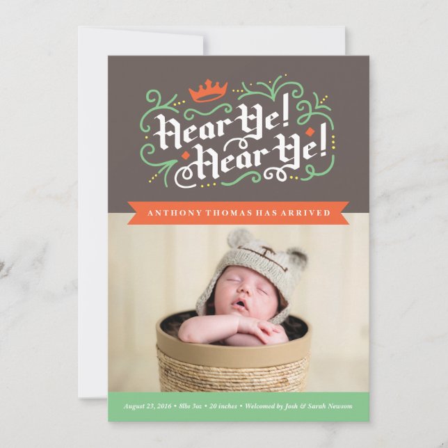 Hear Ye! Hear Ye! Birth Announcement in Charcoal (Front)