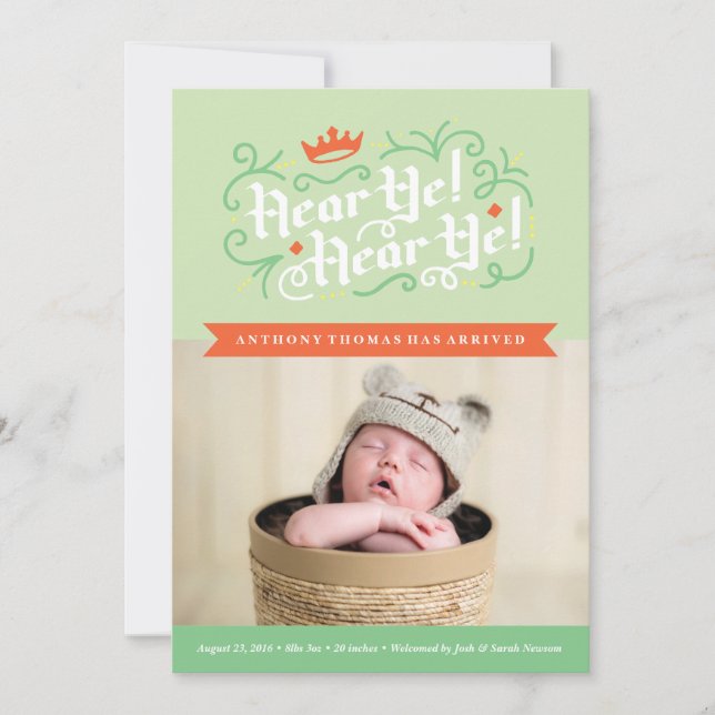 Hear Ye! Hear Ye! Birth Announcement in Green (Front)