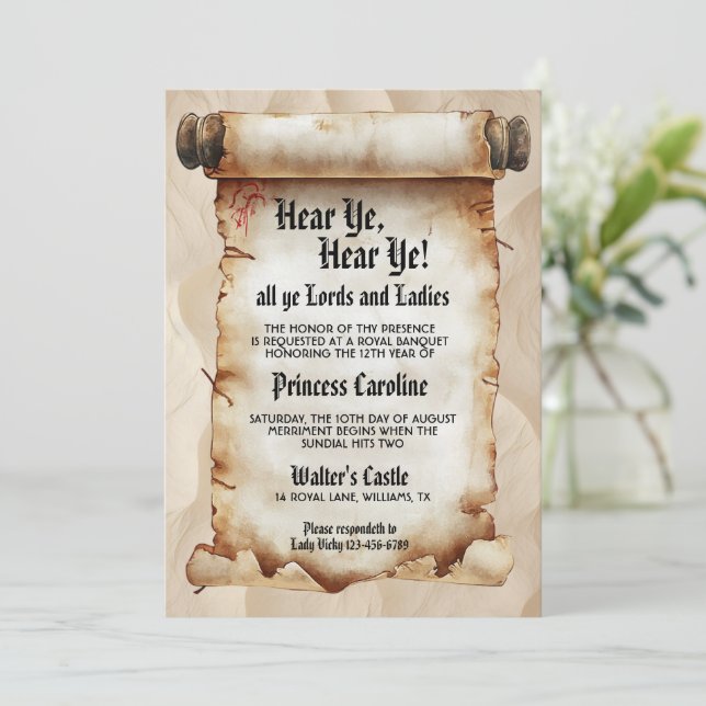 Hear Ye, Hear Ye! Medieval Parchment Scroll Invitation (Standing Front)