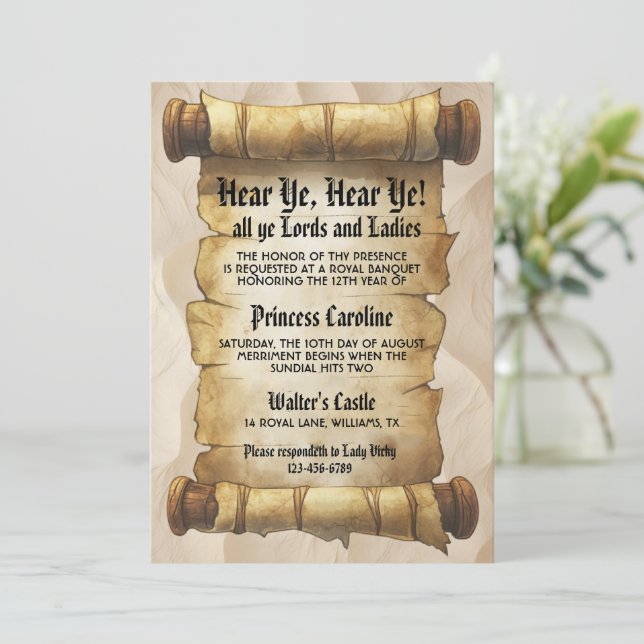 Hear Ye Medieval Renaissance Royal Birthday Invitation (Standing Front)
