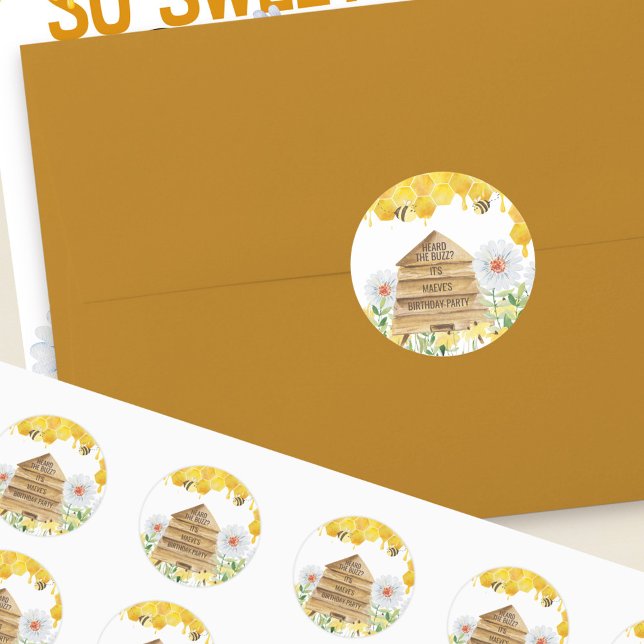 Heard the Buzz Bee Themed Birthday Party Classic Round Sticker (Heard the Buzz? Whip up some excitement for a bee themed birthday party with cute beehive stickers)