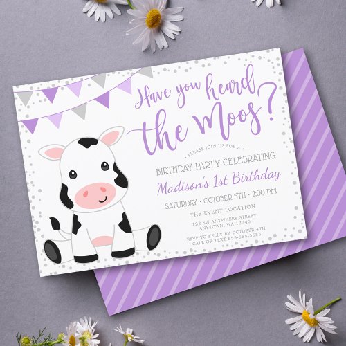 Heard the Moos Purple Girl Cow Birthday Invitation