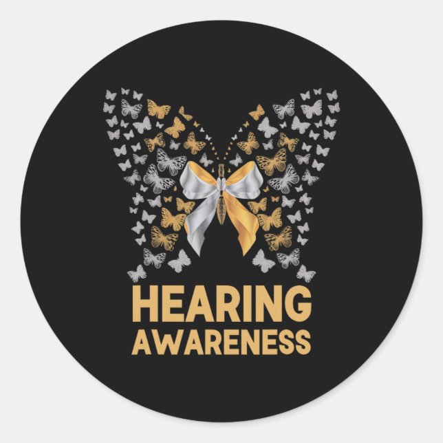 Hearing Awareness Butterfly Ribbon Family Support  Classic Round Sticker (Front)