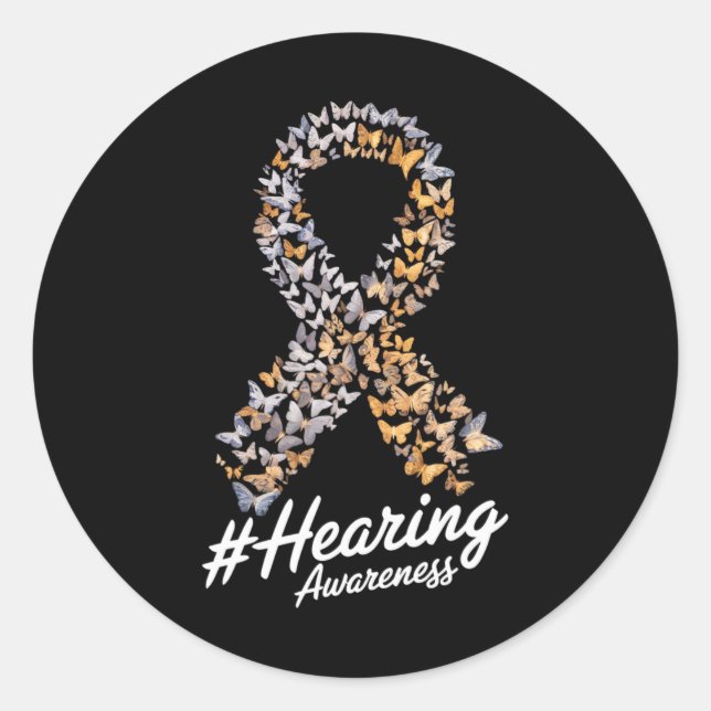 Hearing Awareness Butterfly Ribbon T-Shirt Classic Round Sticker (Front)