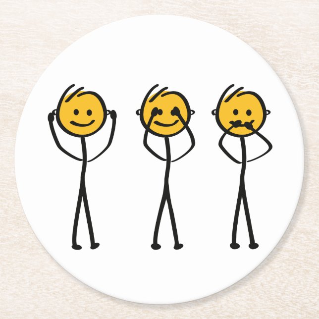 Hearing, seeing and silent drawing. Three monkeys Round Paper Coaster (Front)