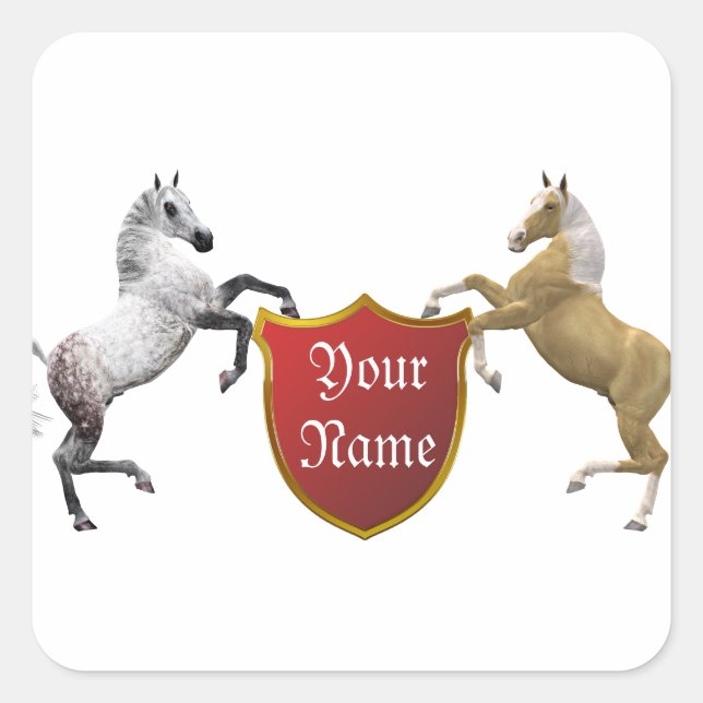 Hearldic horses rearing, add you name square sticker (Front)