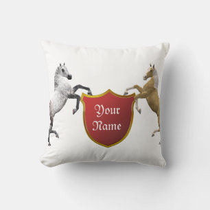 Hearldic horses rearing, add you name throw pillow
