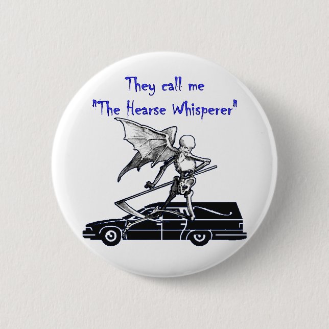 Hearse and Grim Reaper Skeleton Goth Humor Pinback Button (Front)