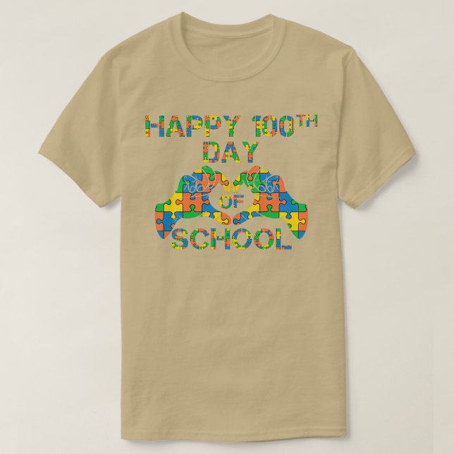 Heart 100th Day of School Teacher Autism Awareness T-Shirt (Design Front)
