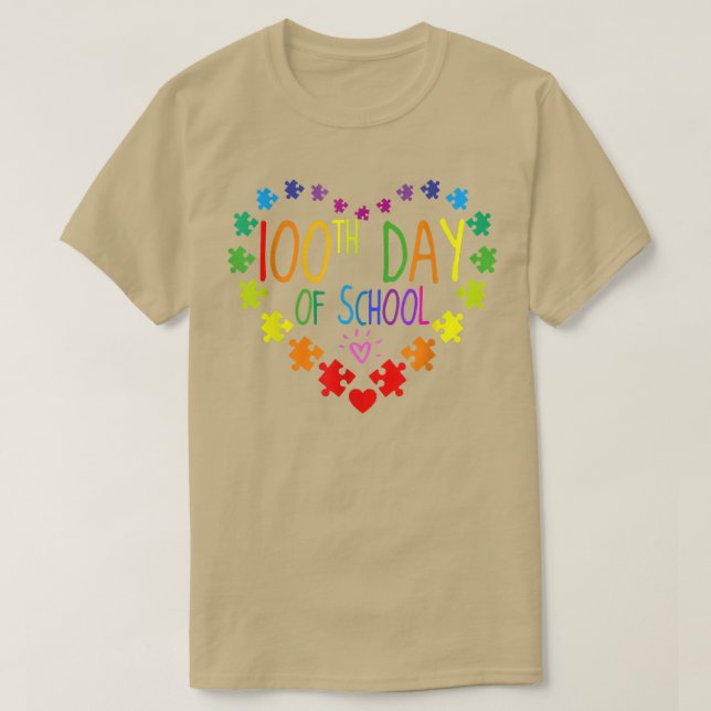 Heart 100th Day of School Teacher Autism Awareness T-Shirt (Design Front)