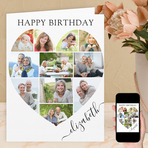 Heart 11 Photo Collage Elegant Name Birthday Card