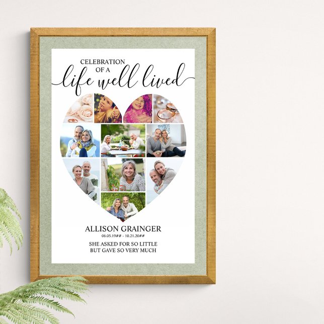 Heart 11 Photo Collage Life Well Lived Funeral Poster (Funeral memorial poster to order professionally printed or as a printable digital download)