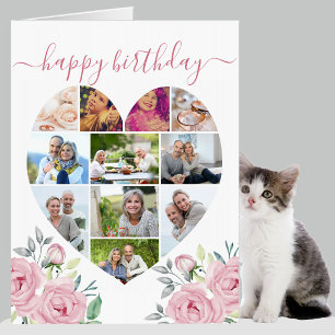 Heart 11 Photo Collage Pink Peony Big Birthday Card